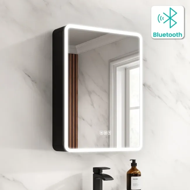 Aurora Matt Black Illuminated LED Mirror Cabinet With BLUETOOTH Speaker 600x450mm