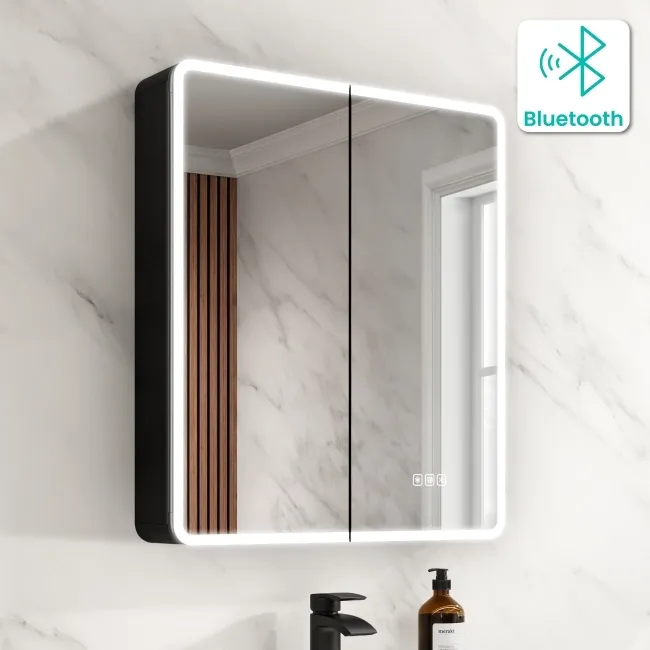 Aurora Matt Black Illuminated LED Mirror Cabinet With BLUETOOTH Speaker 700x600mm