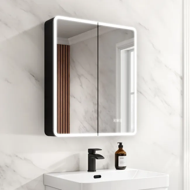 Aurora Matt Black Illuminated LED Mirror Cabinet With BLUETOOTH Speaker 700x600mm