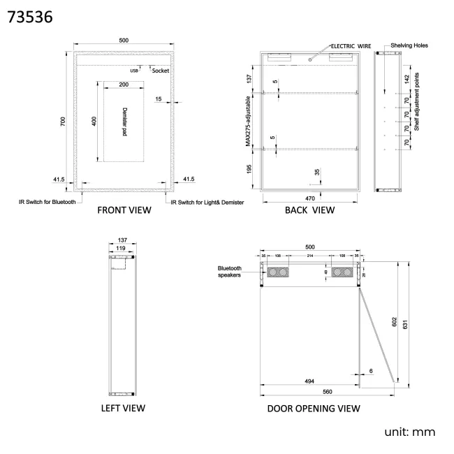 Margot Illuminated LED Mirror Cabinet With BLUETOOTH Speaker & USB Port 700x500mm