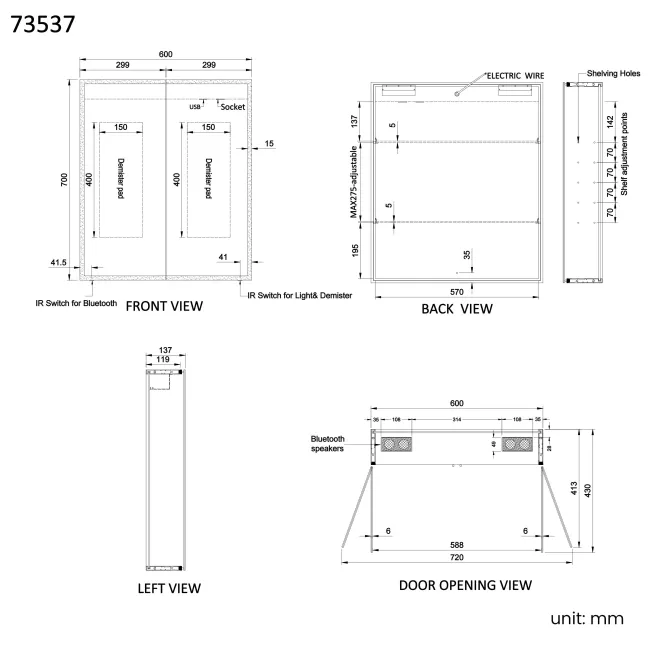 Margot Illuminated LED Mirror Cabinet With BLUETOOTH Speaker & USB Port 700x600mm