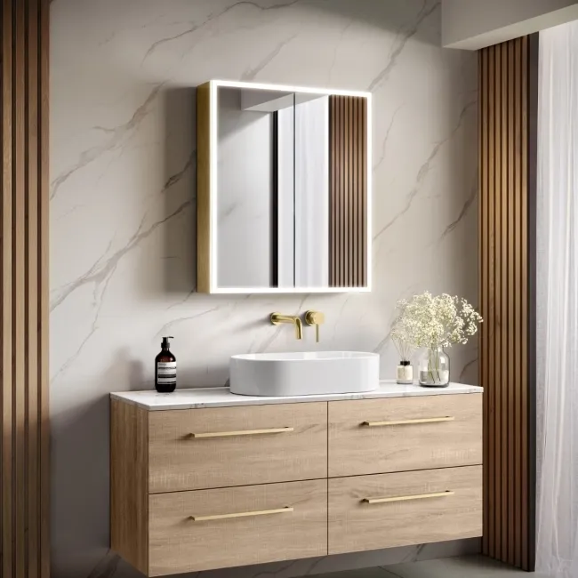 Margot Brushed Brass Illuminated LED Mirror Cabinet 700x600mm
