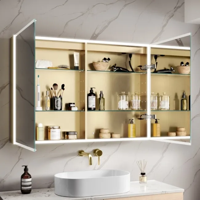Margot Brushed Brass Illuminated LED Mirror Cabinet With BLUETOOTH Speaker & USB Port 700x1000mm