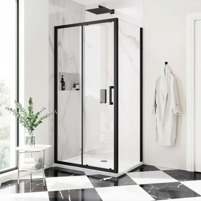 Hamburg Matt Black Easy Clean 8mm Sliding Shower Enclosure 1000x760mm - Easy Fix