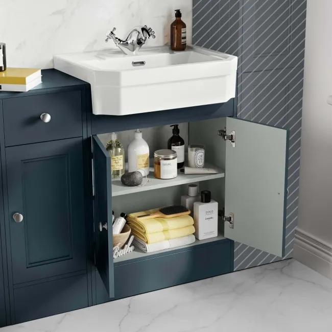 Monaco Inky Blue Combination Vanity Traditional Basin and Hudson Toilet with Wooden Seat 1500mm