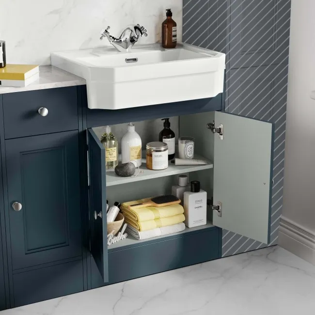 Monaco Inky Blue Combination Vanity Traditional Basin with Marble Top & Hudson Toilet with Wooden Seat 1500mm