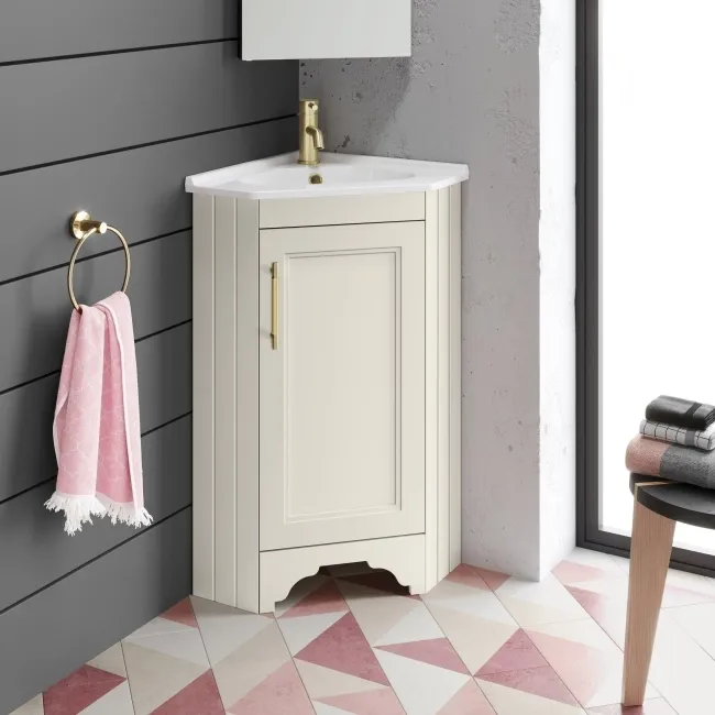 Lucia Chalk White Corner Basin Vanity 400mm - Brass Knurled Handle