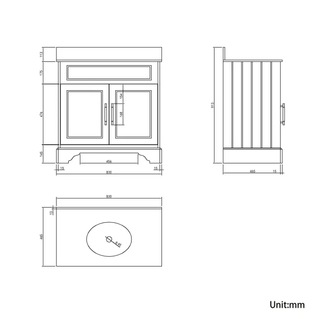 Lucia Graphite Grey Vanity with Marble Top & Undermount Basin 830mm - Brass Knurled Handles
