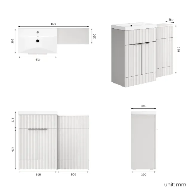 Havana Fluted Coastal White Basin Vanity and Back To Wall Toilet Unit 1100mm (Excludes Toilet) - Chrome Handles