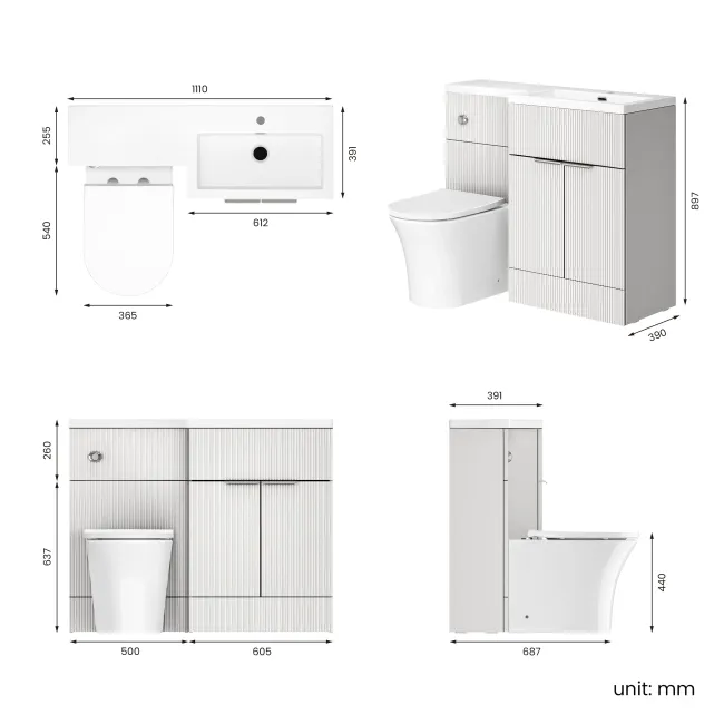 Havana Fluted Coastal White Combination Vanity Basin and Tucson Toilet 1100mm - Chrome Handles - Right Handed