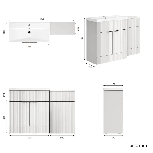 Havana Fluted Coastal White Basin Vanity and Back To Wall Toilet Unit 1300mm (Excludes Toilet) - Chrome Handles