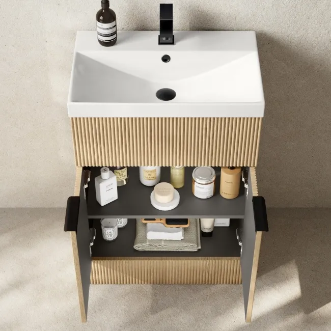 Havana Fluted Country Oak Basin Vanity and Back To Wall Toilet Unit 1100mm (Excludes Toilet) - Black Accents