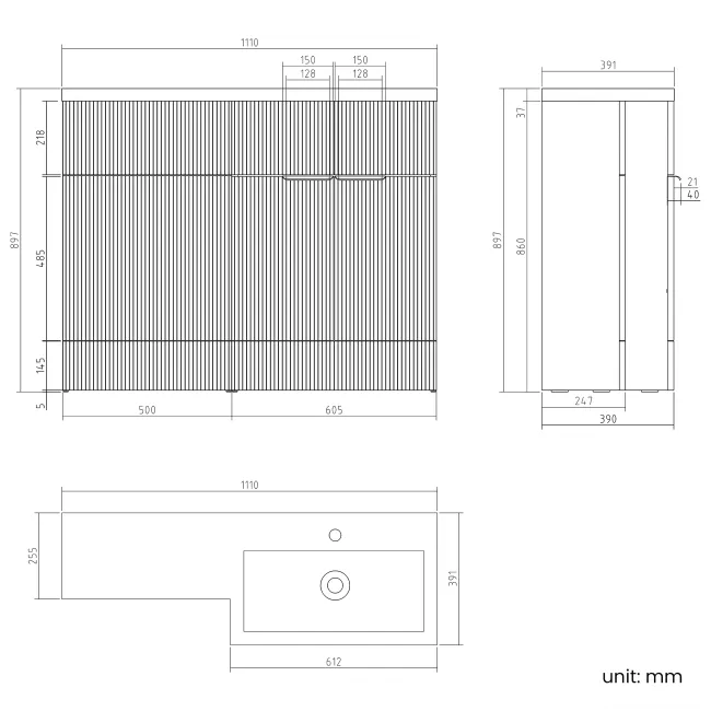 Havana Fluted Country Oak Basin Vanity and Back To Wall Toilet Unit 1100mm (Excludes Toilet) - Black Accents - Right Handed