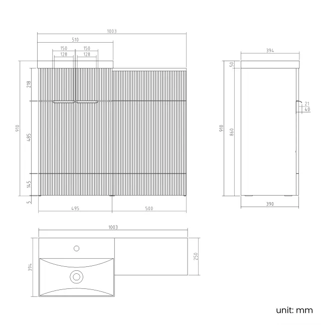 Havana Fluted Country Oak Basin Vanity and Back To Wall Toilet Unit 1000mm (Excludes Toilet) - Brushed Brass Accents