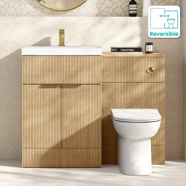 Havana Fluted Country Oak Combination Vanity Basin and Aruba Toilet 1100mm - Brushed Brass Accents