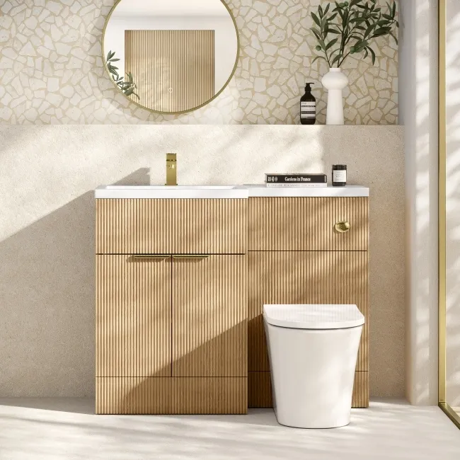 Havana Fluted Country Oak Combination Vanity Basin and Tucson Toilet 1100mm - Brushed Brass Accents - Left Handed