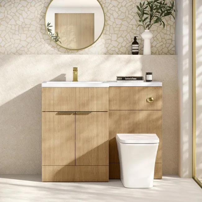 Havana Fluted Country Oak Combination Vanity Basin and Houston Toilet 1100mm - Brushed Brass Accents - Left Handed
