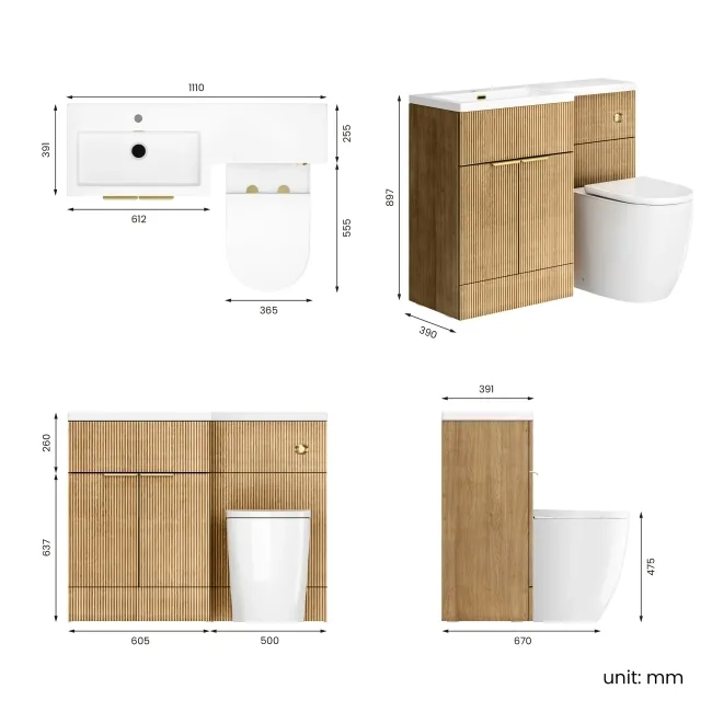 Havana Fluted Country Oak Combination Vanity Basin and Utah Comfort Height Toilet 1100mm - Brushed Brass Accents - Left Handed