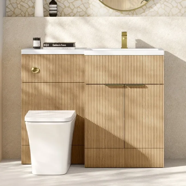 Havana Fluted Country Oak Combination Vanity Basin and Houston Toilet 1100mm - Brushed Brass Accents - Right Handed