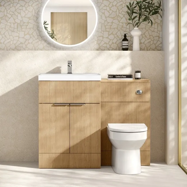 Havana Fluted Country Oak Combination Vanity Basin and Miami Toilet 1100mm - Chrome Handles