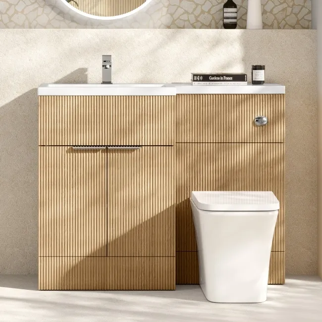 Havana Fluted Country Oak Combination Vanity Basin and Houston Toilet 1100mm - Chrome Handles - Left Handed