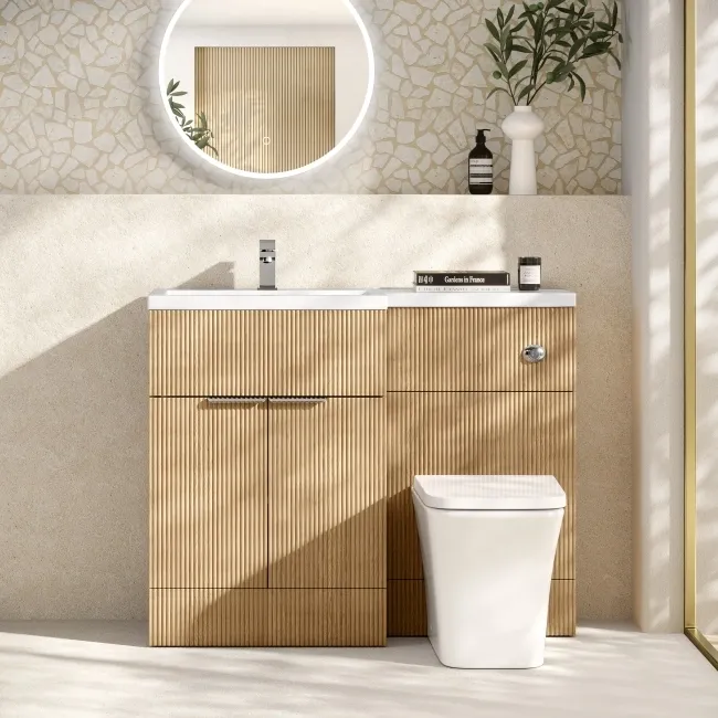 Havana Fluted Country Oak Combination Vanity Basin and Houston Toilet 1100mm - Chrome Handles - Left Handed