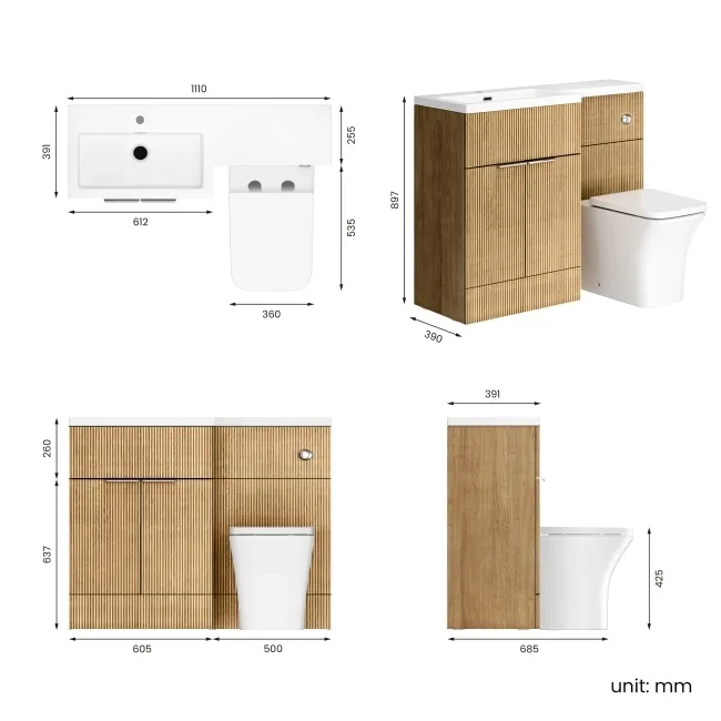 Havana Fluted Country Oak Combination Vanity Basin and Houston Toilet 1100mm - Chrome Handles - Left Handed