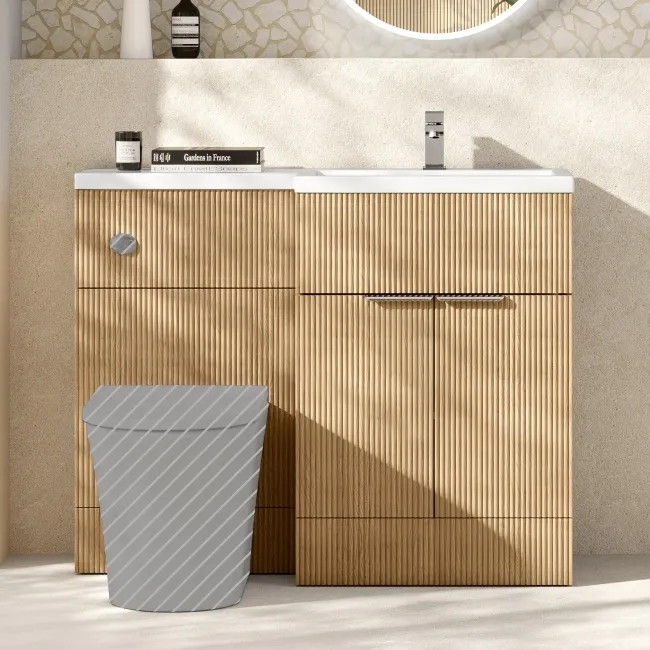 Havana Fluted Country Oak Basin Vanity and Back To Wall Toilet Unit 1100mm (Excludes Toilet) - Chrome Handles - Right Handed