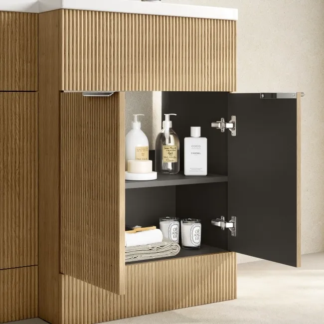 Havana Fluted Country Oak Basin Vanity and Back To Wall Toilet Unit 1100mm (Excludes Toilet) - Chrome Handles - Right Handed