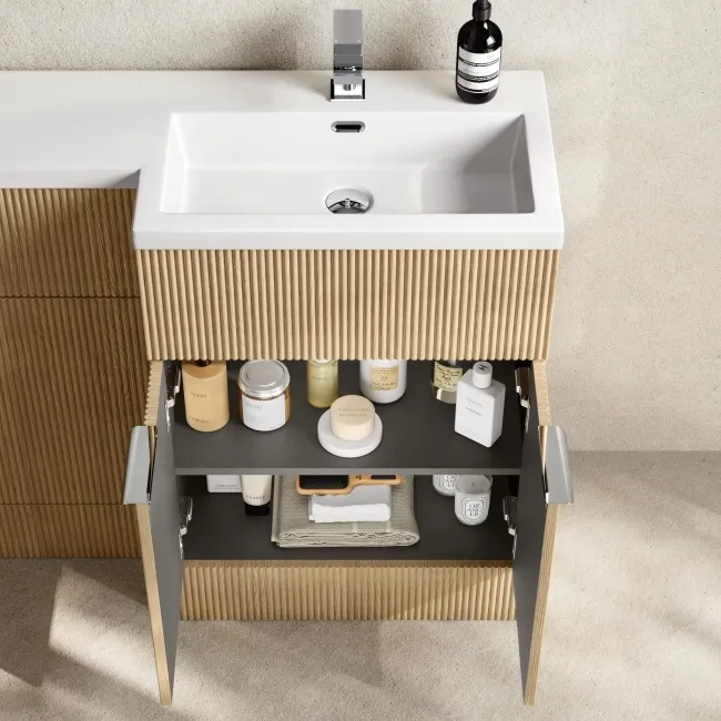 Havana Fluted Country Oak Combination Vanity Basin and Utah Comfort Height Toilet 1100mm - Chrome Handles - Right Handed