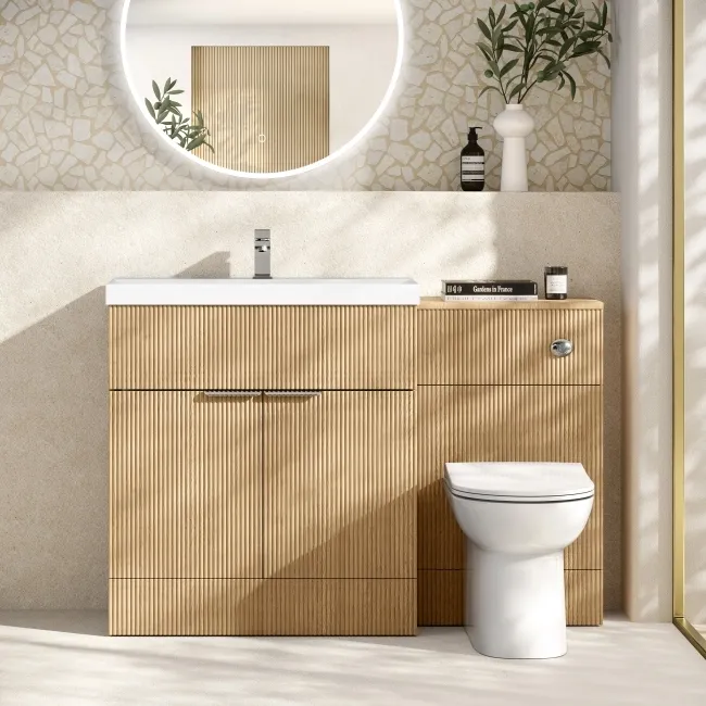Havana Fluted Country Oak Combination Vanity Basin and Aruba Toilet 1300mm - Chrome Handles