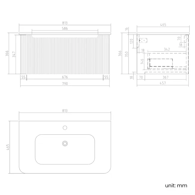 Sorrento Fluted Black Walnut Wall Hung Basin Drawer Vanity 800mm