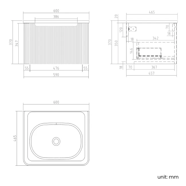 Sorrento Fluted Black Walnut Wall Hung Drawer Vanity with Matt White Basin 600mm