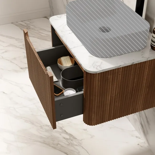 Sorrento Fluted Black Walnut Wall Hung Drawer Vanity with Marble Top 600mm - Excludes Counter Top Basin