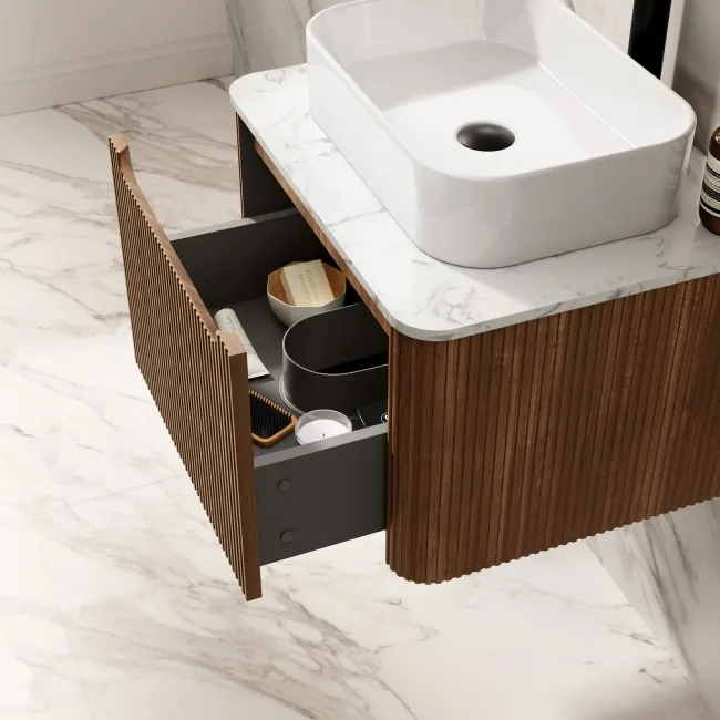 Sorrento Fluted Black Walnut Wall Hung Drawer Vanity with Marble Top & Marin Basin 600mm
