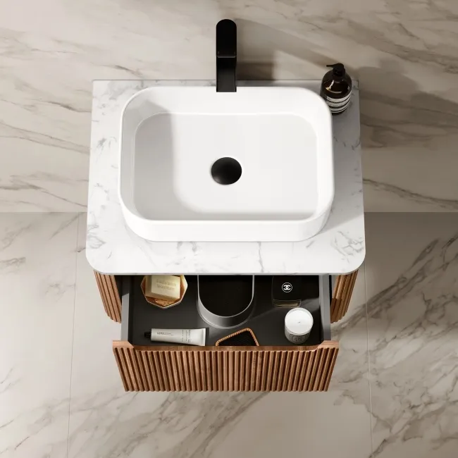 Sorrento Fluted Black Walnut Wall Hung Drawer Vanity with Marble Top & Marin Basin 600mm