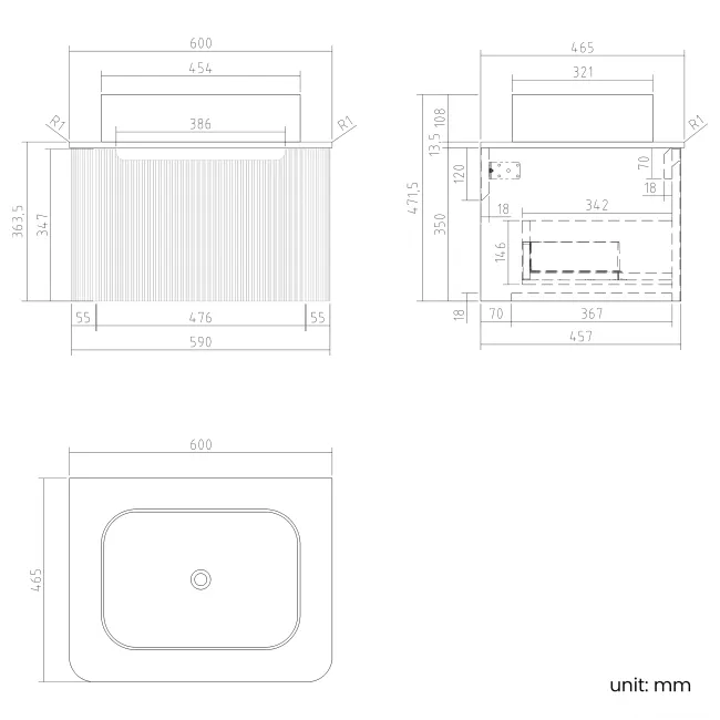Sorrento Fluted Black Walnut Wall Hung Drawer Vanity with Marble Top & Marin Basin 600mm