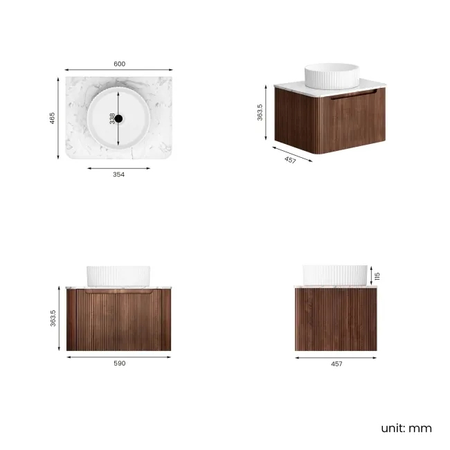 Sorrento Fluted Black Walnut Wall Hung Drawer Vanity with Marble Top & Nevis Basin 600mm
