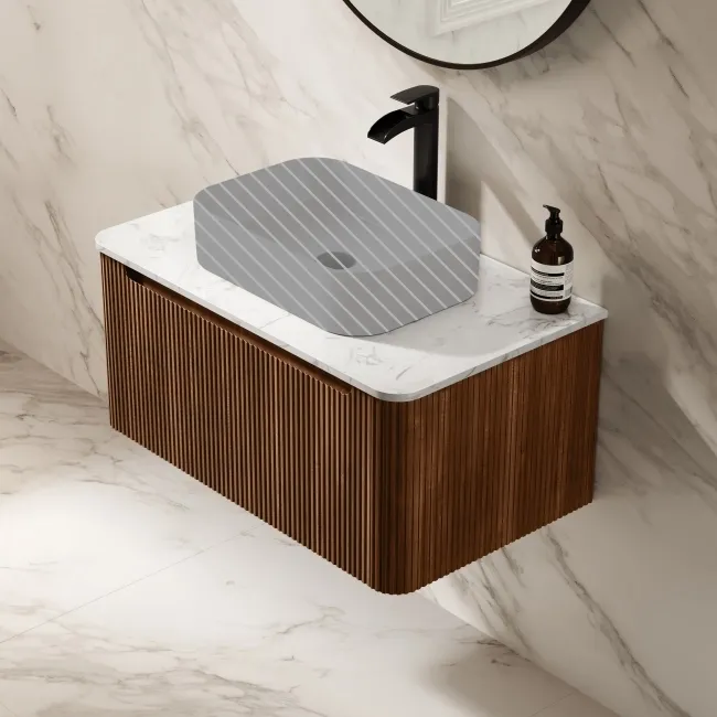 Sorrento Fluted Black Walnut Wall Hung Drawer Vanity with Marble Top 800mm - Excludes Counter Top Basin