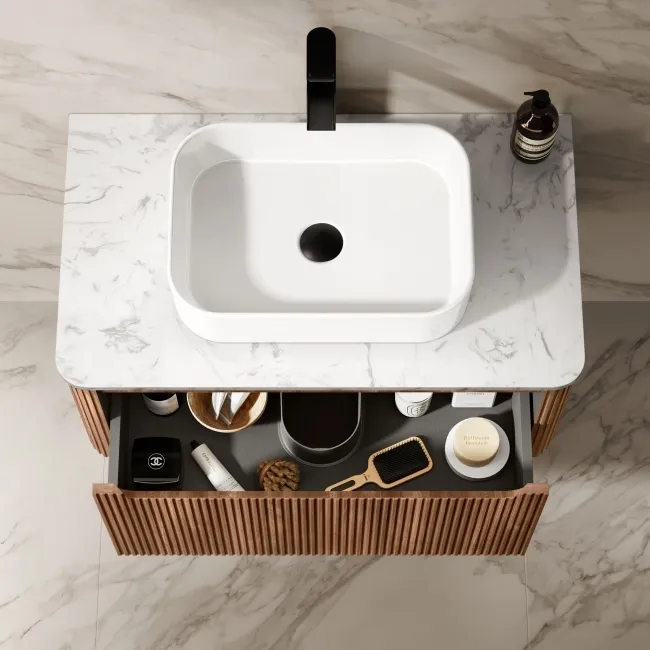 Sorrento Fluted Black Walnut Wall Hung Drawer Vanity with Marble Top & Marin Basin 800mm