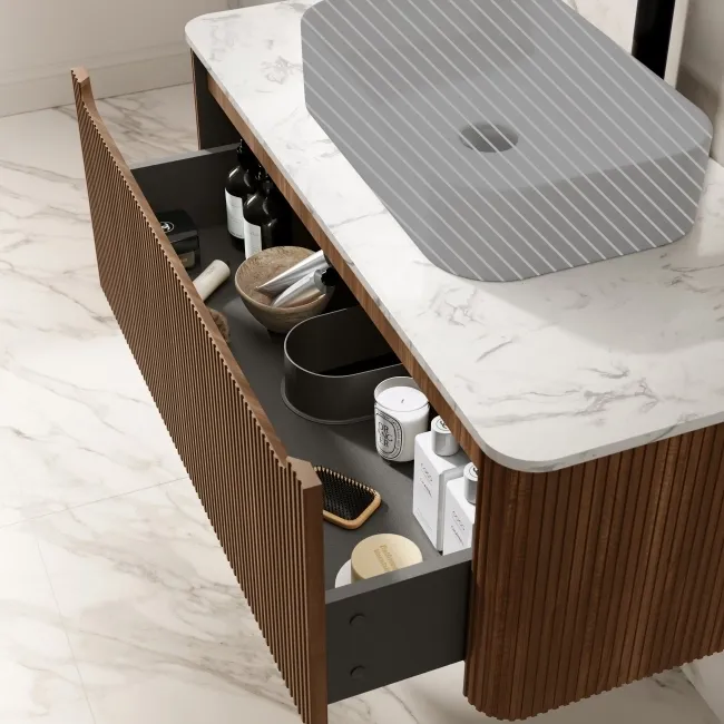 Sorrento Fluted Black Walnut Wall Hung Drawer Vanity with Marble Top 1000mm - Excludes Counter Top Basin