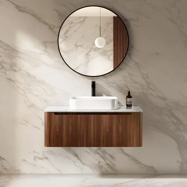 Sorrento Fluted Black Walnut Wall Hung Drawer Vanity with Marble Top & Marin Basin 1000mm