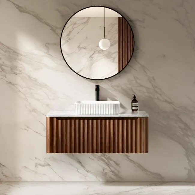 Sorrento Fluted Black Walnut Wall Hung Drawer Vanity with Marble Top & Reno Basin 1000mm