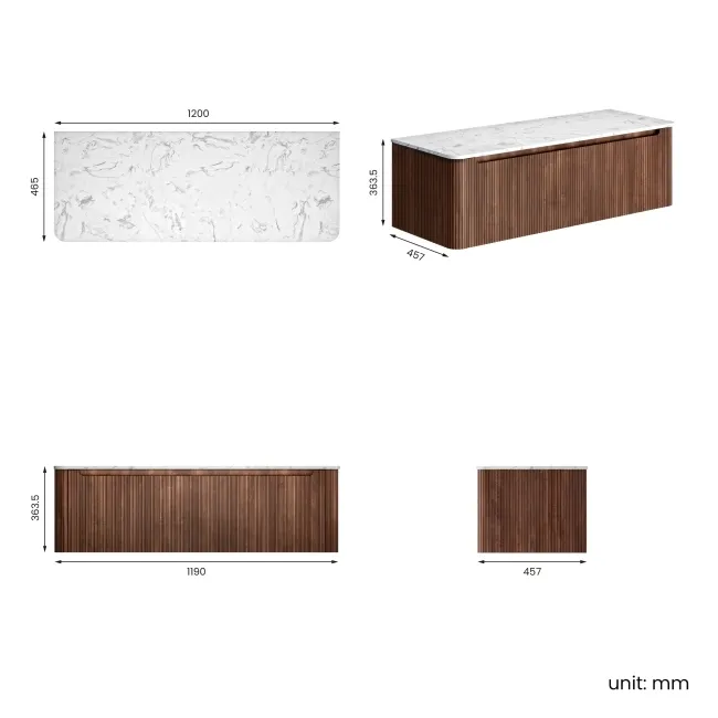 Sorrento Fluted Black Walnut Double Wall Hung Drawer Vanity with Marble Top 1200mm - Excludes Counter Top Basin