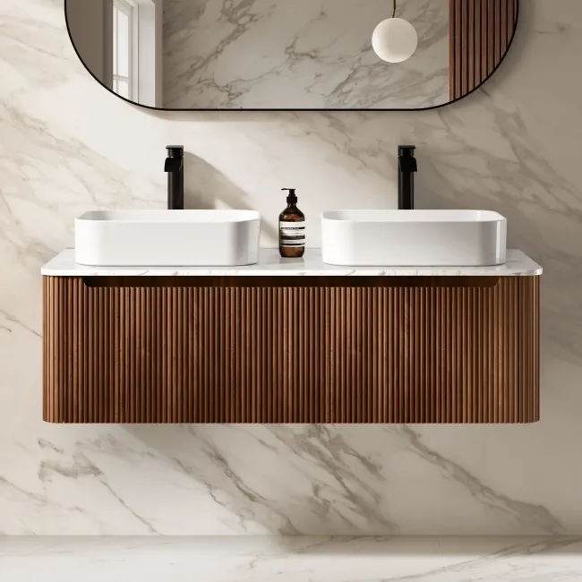 Sorrento Fluted Black Walnut Double Wall Hung Drawer Vanity with Marble Top & Marin Basin 1200mm
