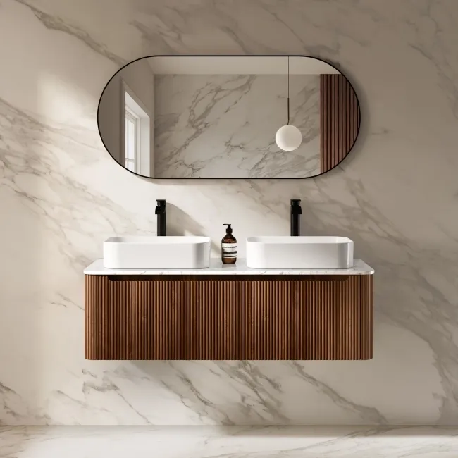 Sorrento Fluted Black Walnut Double Wall Hung Drawer Vanity with Marble Top & Marin Basin 1200mm