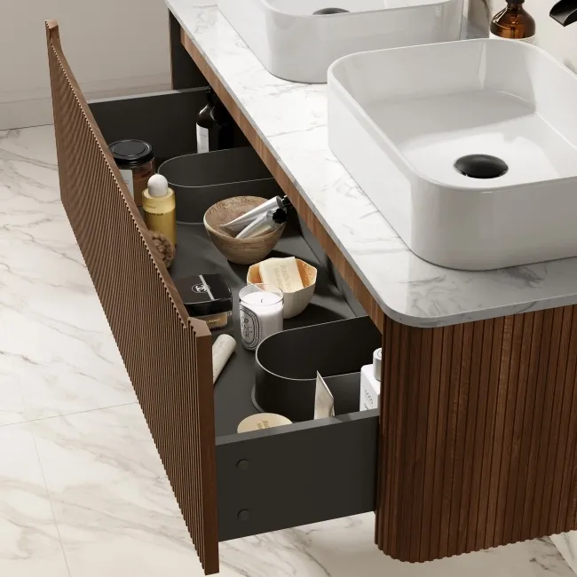 Sorrento Fluted Black Walnut Double Wall Hung Drawer Vanity with Marble Top & Marin Basin 1200mm