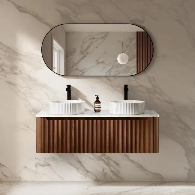 Sorrento Fluted Black Walnut Double Wall Hung Drawer Vanity with Marble Top & Nevis Basin 1200mm