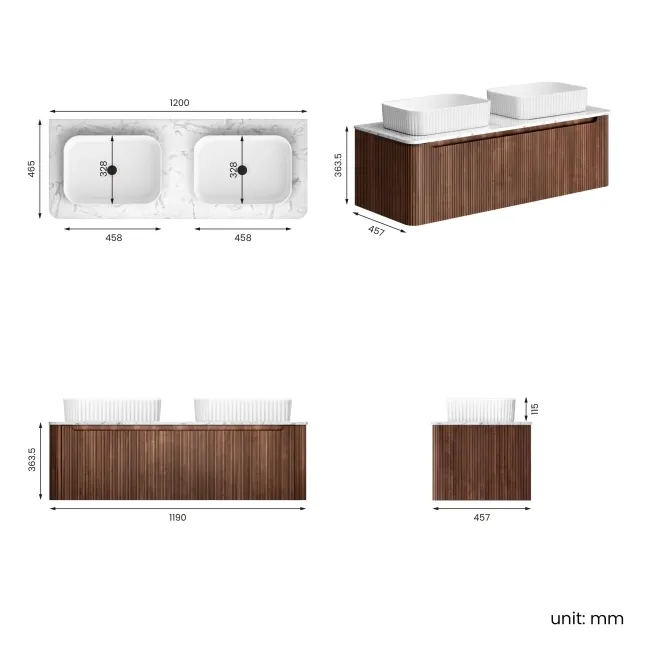 Sorrento Fluted Black Walnut Double Wall Hung Drawer Vanity with Marble Top & Reno Basin 1200mm