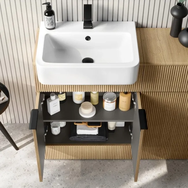 Sicily Fluted Country Oak Basin Vanity and Back To Wall Toilet Unit 1200mm (Excludes Toilet) - Black Accents